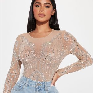 Rhinestone nude long sleeve bodysuit!